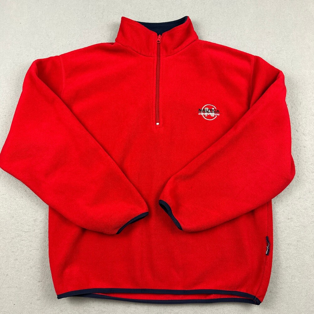 Vintage Nautica Competition Jacket Men Medium Red 1/4 Zip Fleece Pullover M *